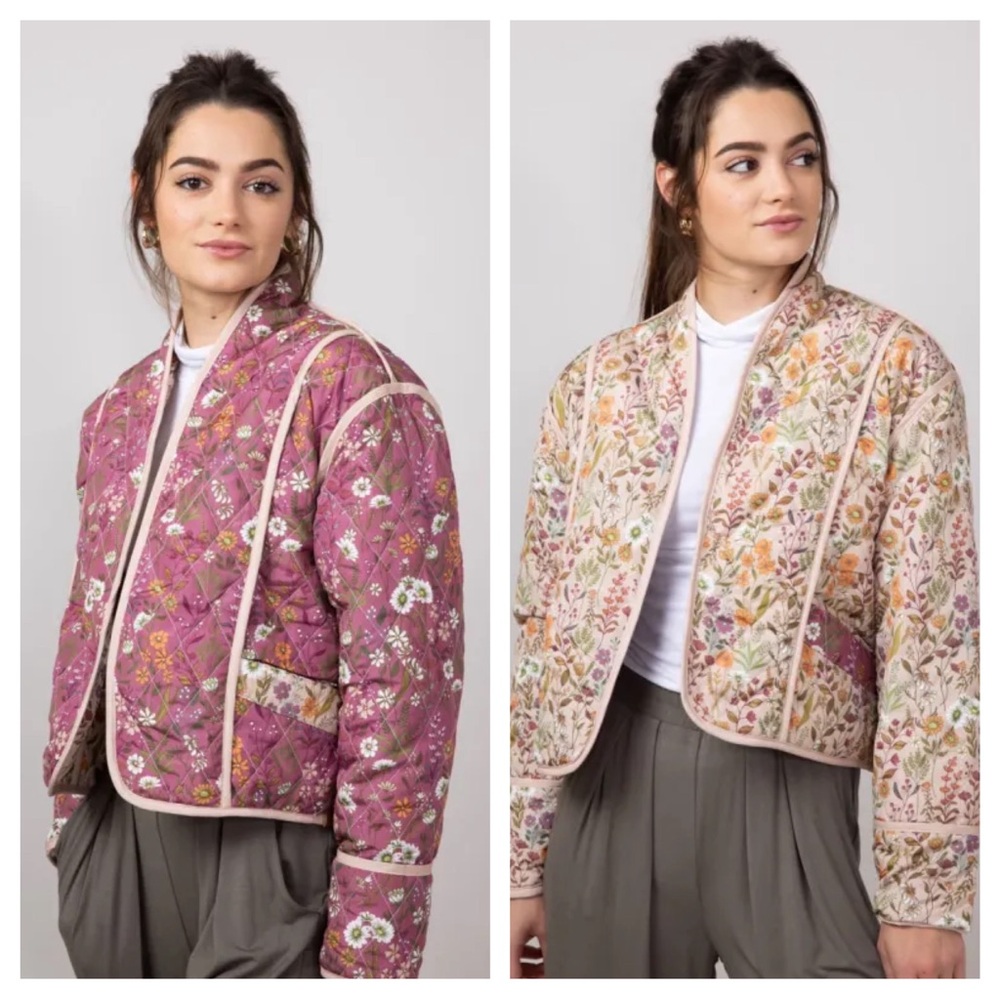 Simply Southern Quilted Floral Jacket Reversible Pink/Tan Sz L
